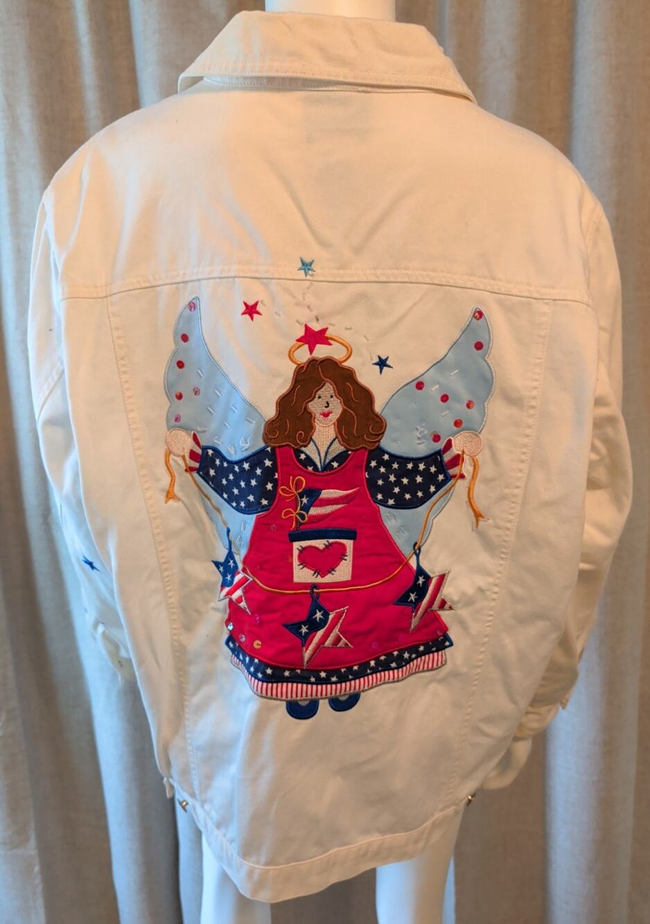 The Quacker Factory Denim Jacket Stars Angel Embroidered Red White Blue Size 1X